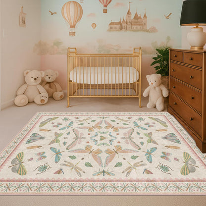Neutral Girl Nursery Rug 4x6 - Beige & Pink Rugs for Bedroom, Living Room - Washable Low Pile