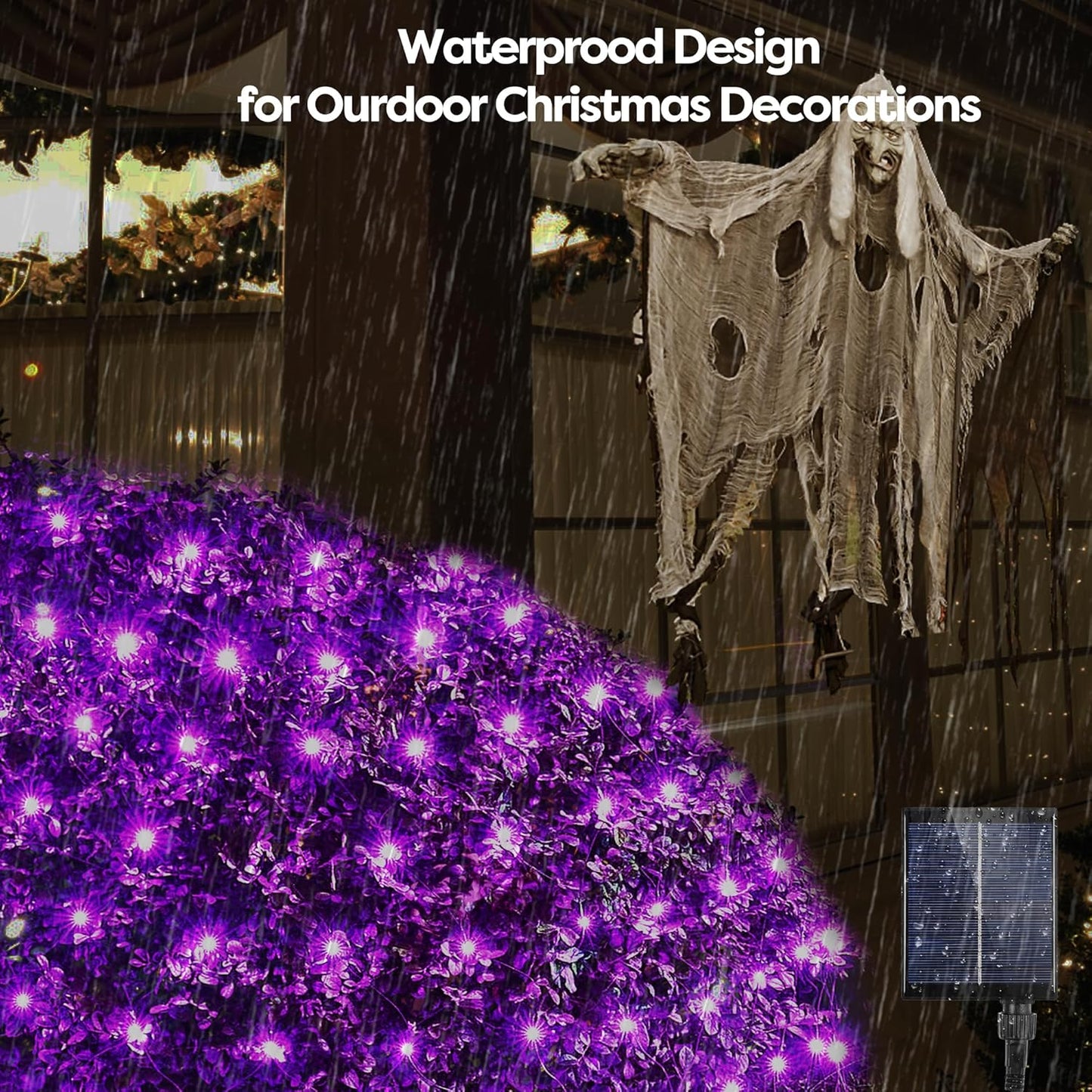 WBao Solar Halloween Lights Outdoor, 200LED 8.4ft x 5.2ft Halloween Net Lights with Remote, 8