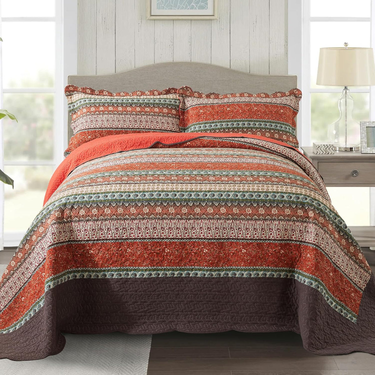 NEWLAKE Cotton Bedspread Quilt Sets - Reversible Patchwork Coverlet Set, Red Striped Jacquard