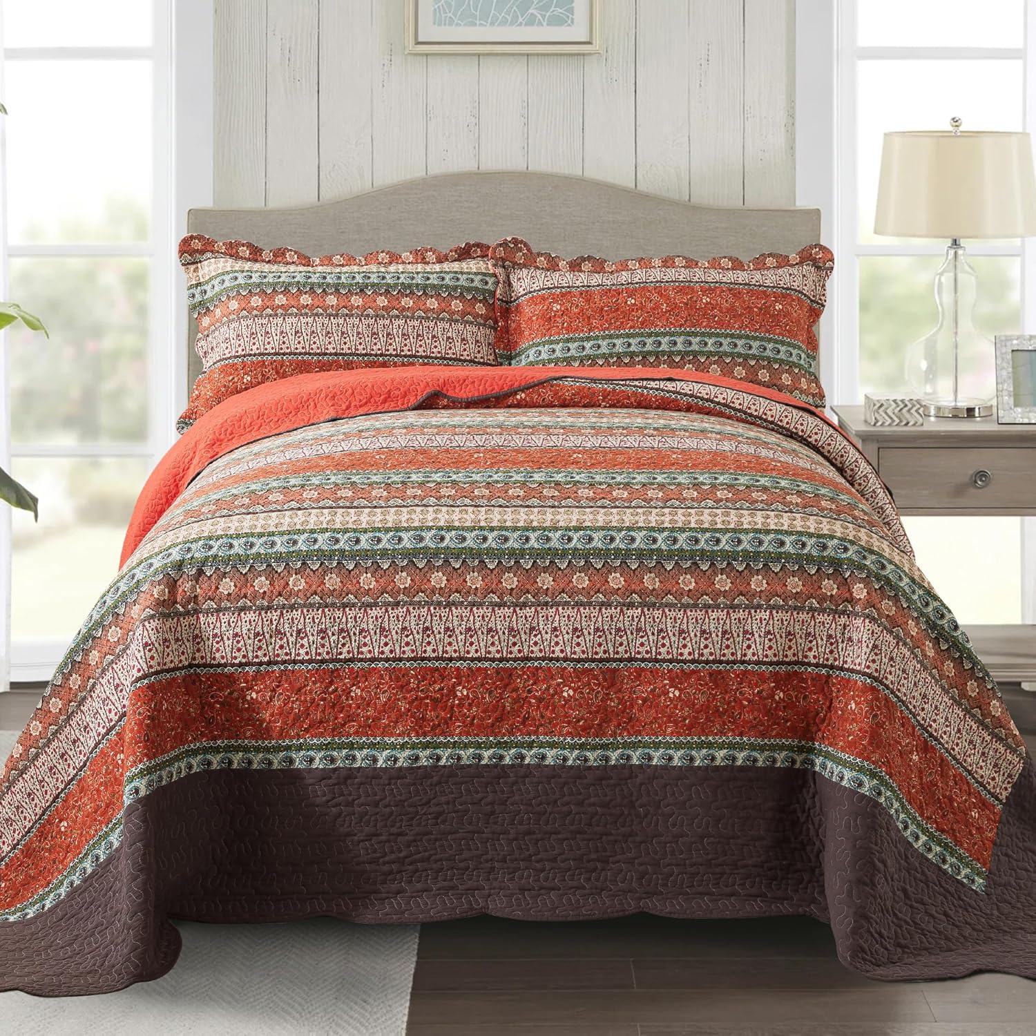 NEWLAKE Cotton Bedspread Quilt Sets - Reversible Patchwork Coverlet Set, Red Striped Jacquard