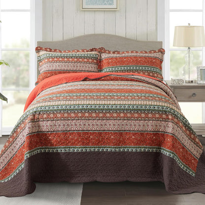 NEWLAKE Cotton Bedspread Quilt Sets - Reversible Patchwork Coverlet Set, Red Striped Jacquard