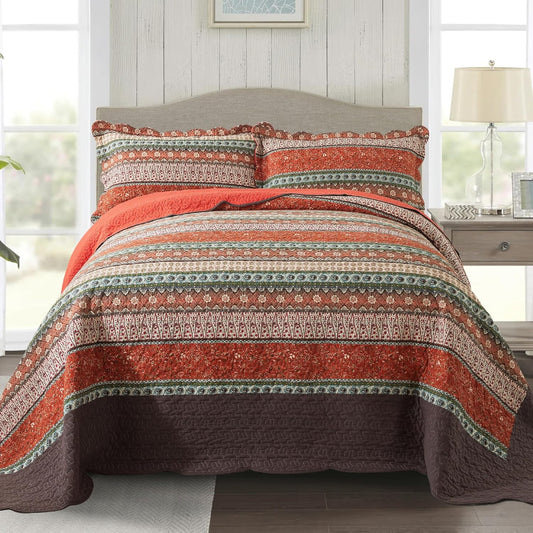 NEWLAKE Cotton Bedspread Quilt Sets - Reversible Patchwork Coverlet Set, Red Striped Jacquard