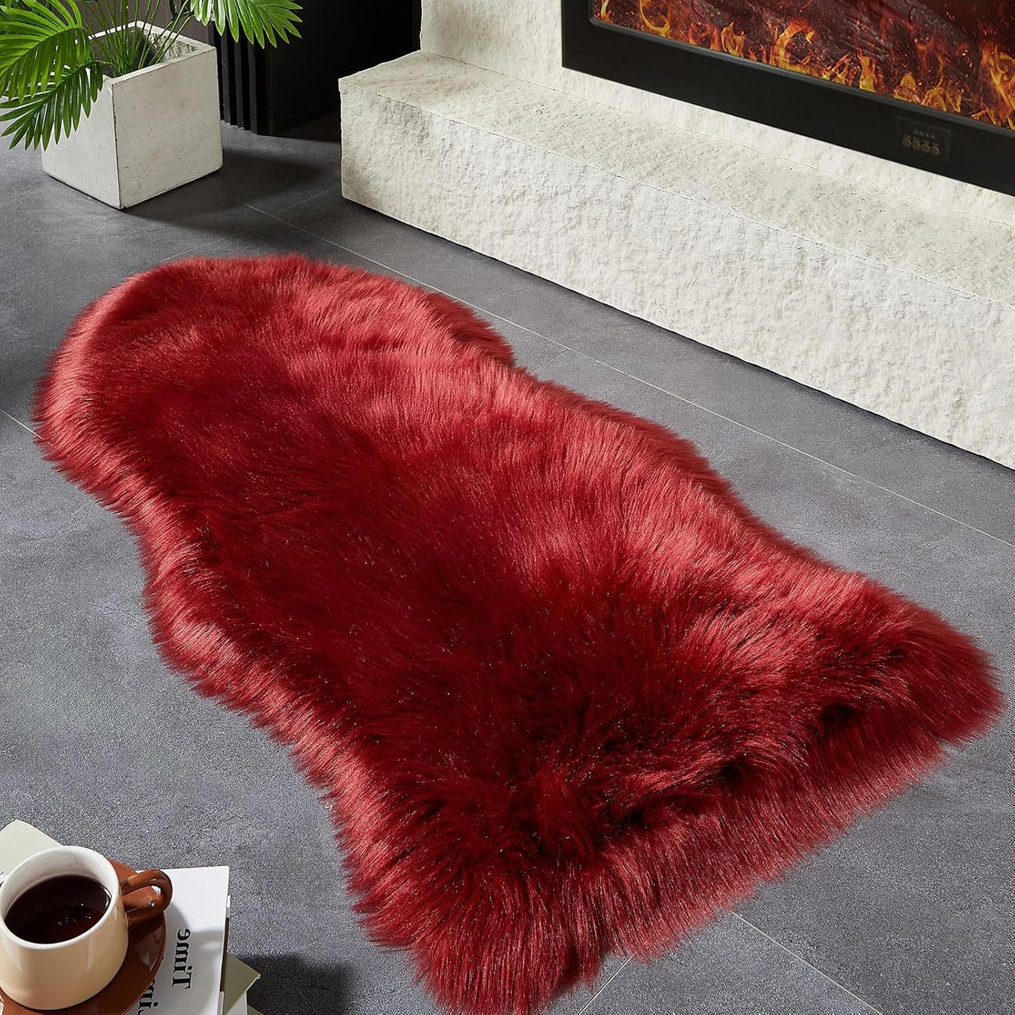 AMTOVO Faux Fur Rug, Burgundy Area Rug, Fluffy Sheepskin Rug, Fuzzy Ultra Soft 2 x 4 ft Shag Rugs