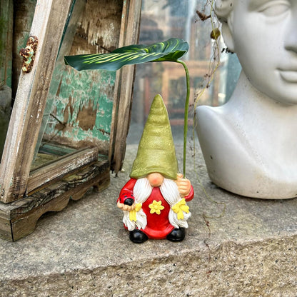 Garden Female Gnome Statue Decoration with Leaf Umbrella, 6.5” Figurine Ornament for Indoor Outdoor