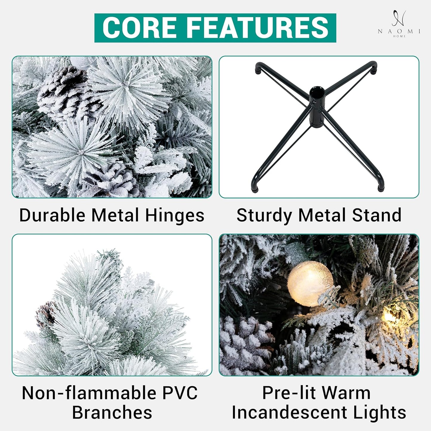 Darla 9ft Snow Flocked Prelit Artificial Christmas Tree with Star Projector, 58 Pine Cones, 1612