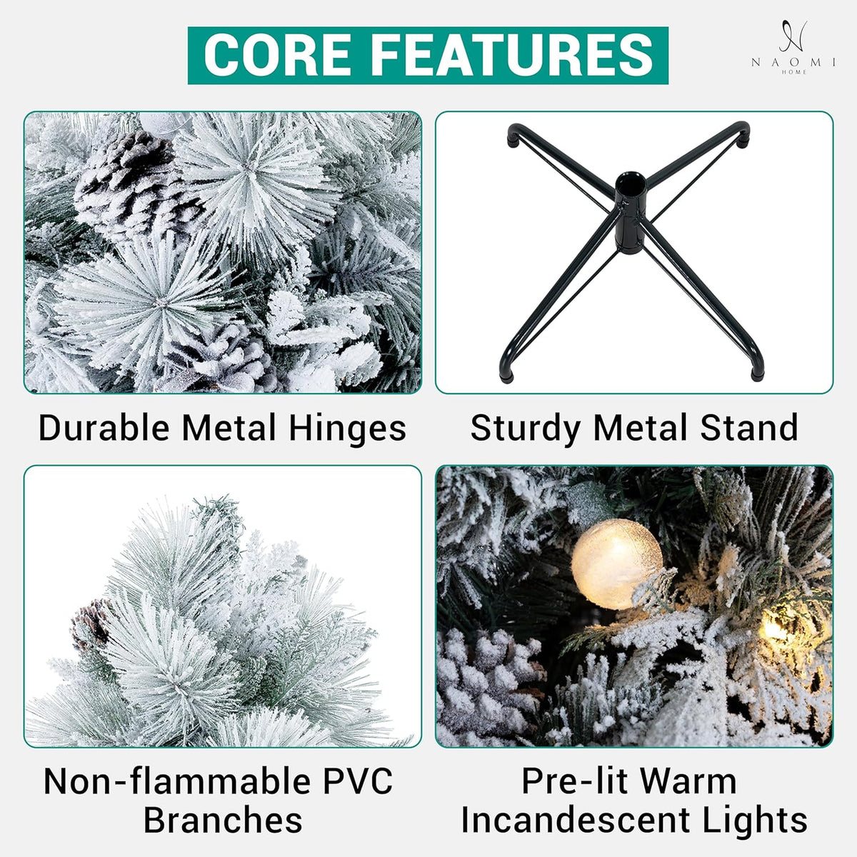 Darla 9ft Snow Flocked Prelit Artificial Christmas Tree with Star Projector, 58 Pine Cones, 1612