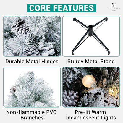 Darla 9ft Snow Flocked Prelit Artificial Christmas Tree with Star Projector, 58 Pine Cones, 1612
