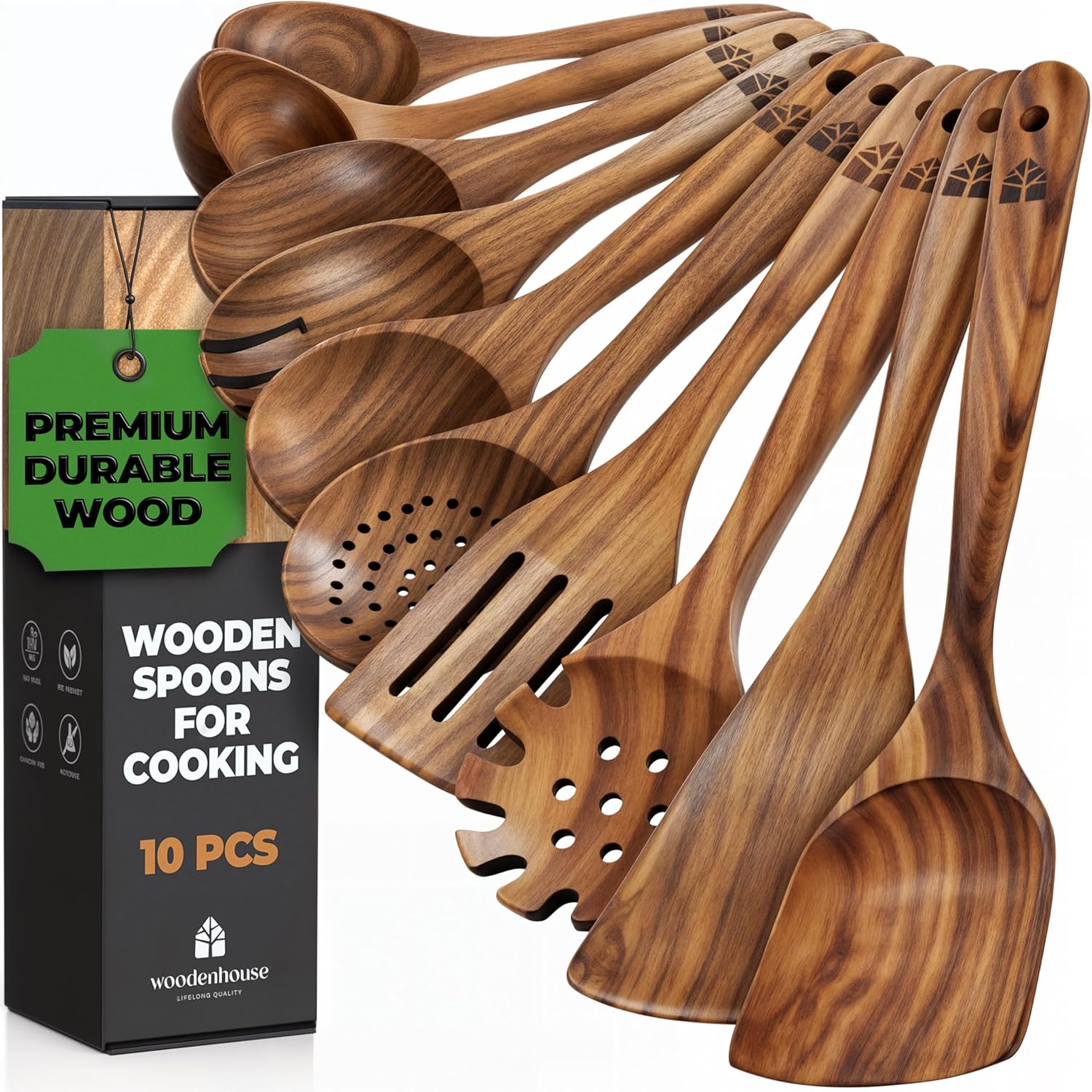 Wooden Spoons for Cooking, 10 Pcs Wooden Cooking Utensils Set – Wooden Utensil Set for Nonstick