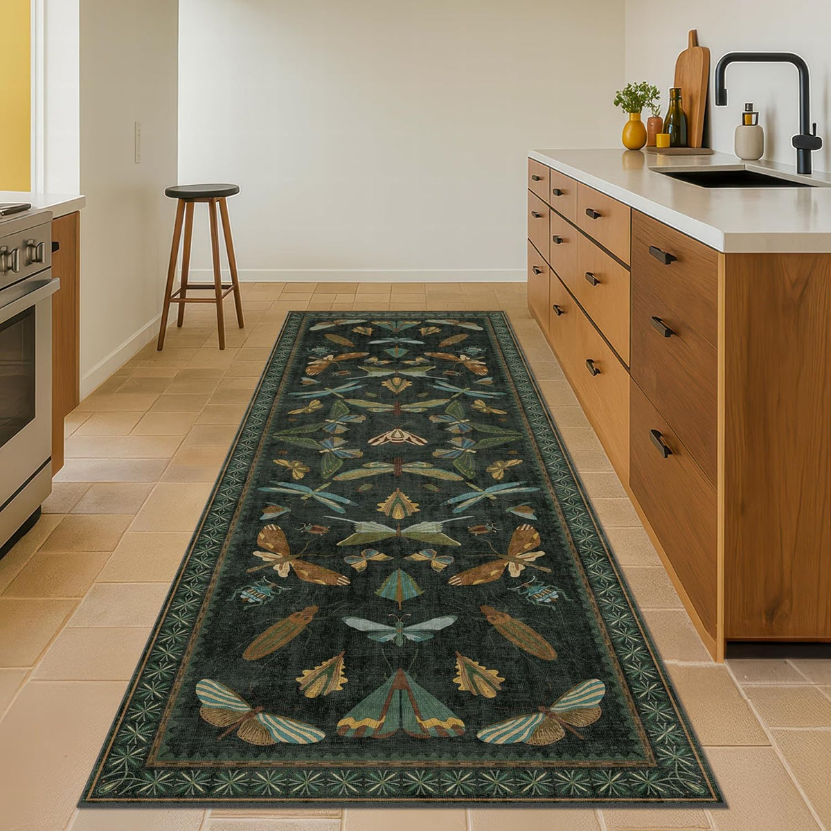 8 ft Long Hallway Runner Rug - Boho Green Rug for Kitchen Floor, Entrance Indoor, Washable Wide