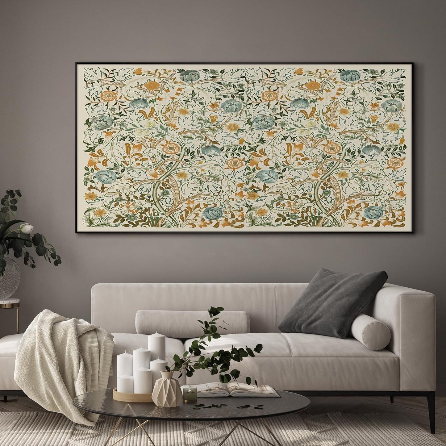 SIGNWIN 24"x46" Extra Large Framed Wall Art Vintage Botanical Floral with Golden and Teal Leaves