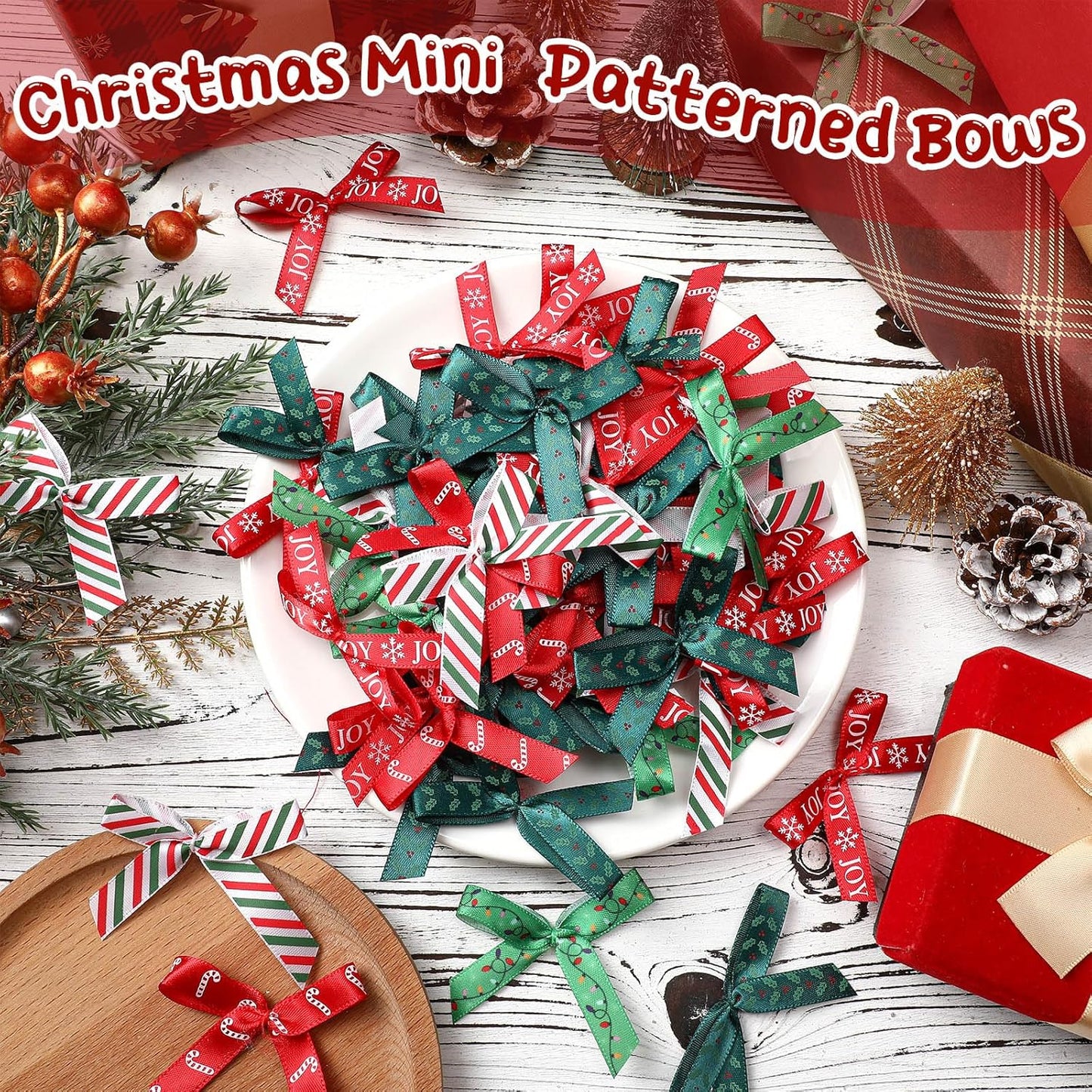 Syhood 150 Pcs Christmas Mini Bow Tiny Twist Tie Bow Handmade Craft Ribbon for DIY Sewing Party
