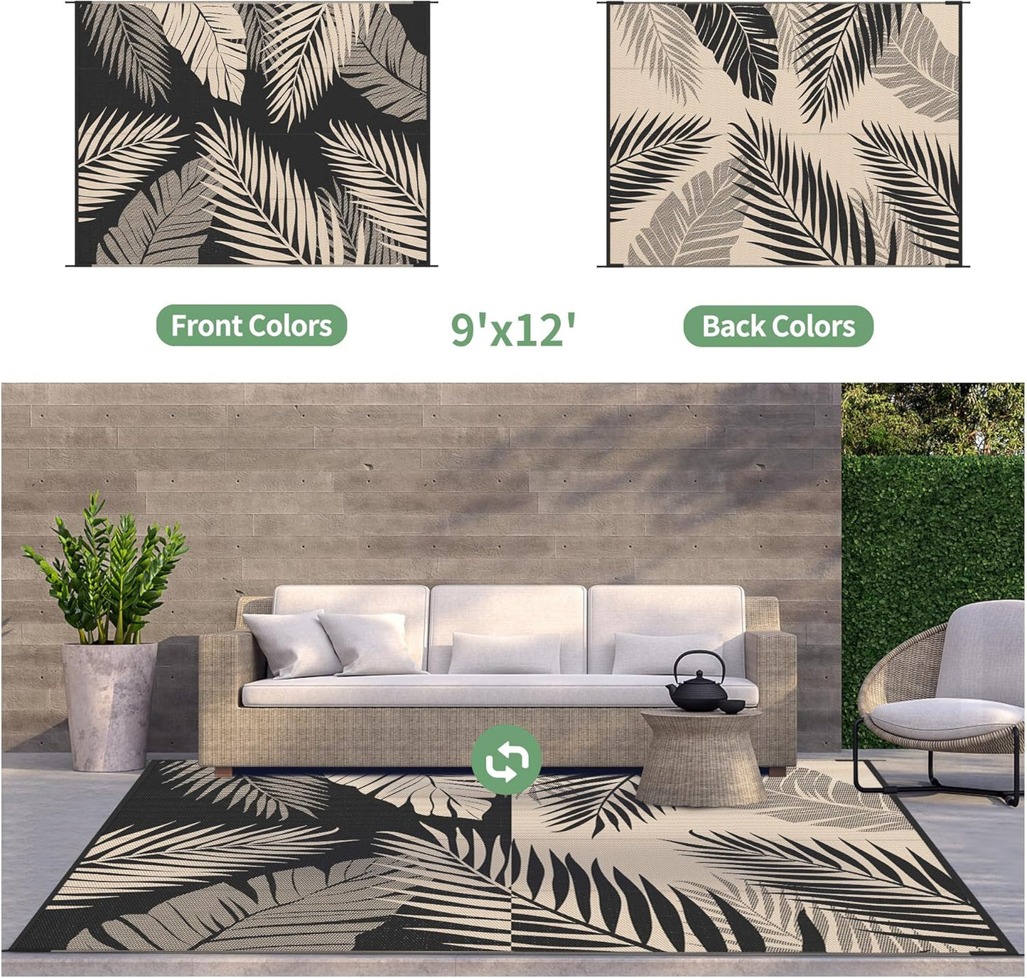 GENIMO Outdoor Rug 9' x 12' Waterproof for Patios Clearance, Reversible Outdoor Plastic Straw