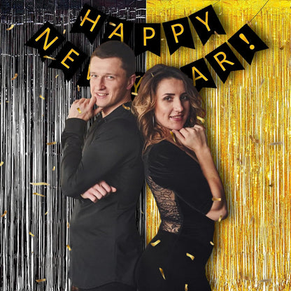 BRAVESHINE Black Gold Foil Fringe Curtain Backdrop - 2 Pack 3.2 x 8.2 ft Metallic Tinsel Photo