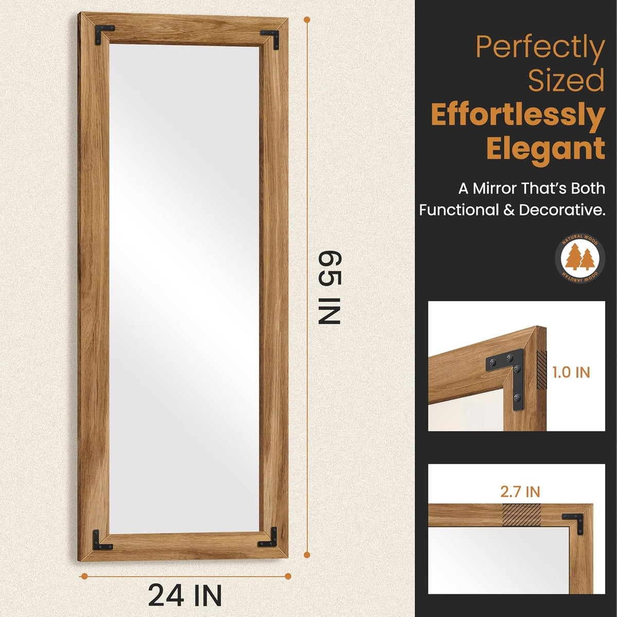 Full Length Mirror with Wooden Frame, 65"X24" Solid Wood Standing Floor Mirror for Farmhouse