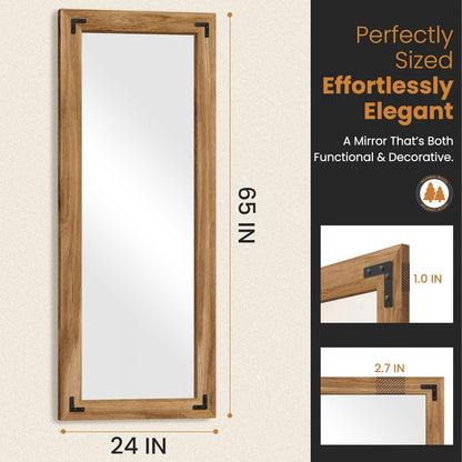 Full Length Mirror with Wooden Frame, 65"X24" Solid Wood Standing Floor Mirror for Farmhouse