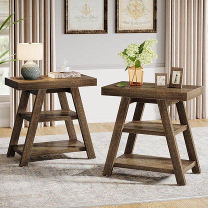Tribesigns Set of 2 Small Wood Side Table, Farmhouse 3-Tier Narrow Sofa End Table with Storage