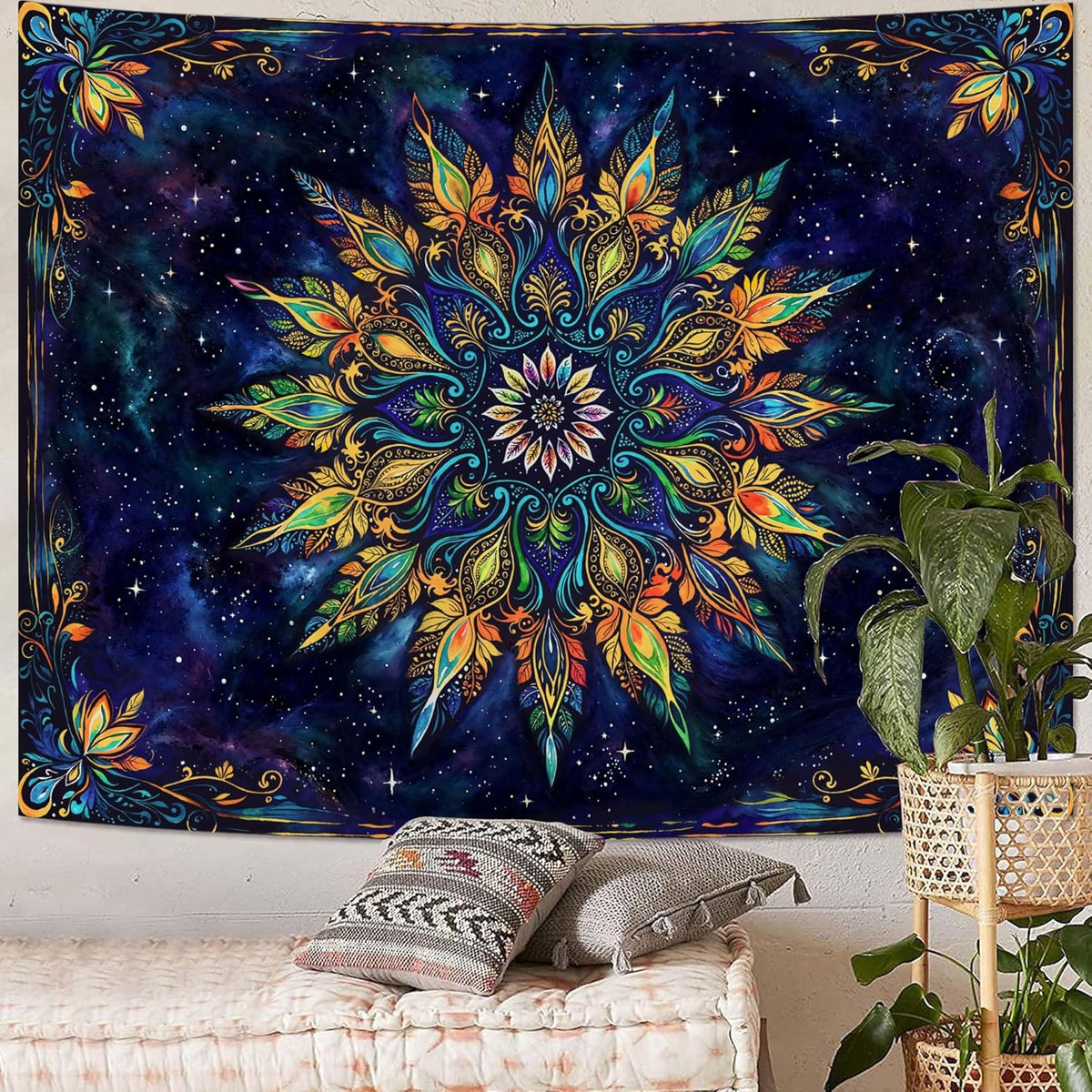 Fowocu Boho Floral Mandala Tapestry for Bedroom Aesthetic Blue Bohemian Colorful Flower Wall