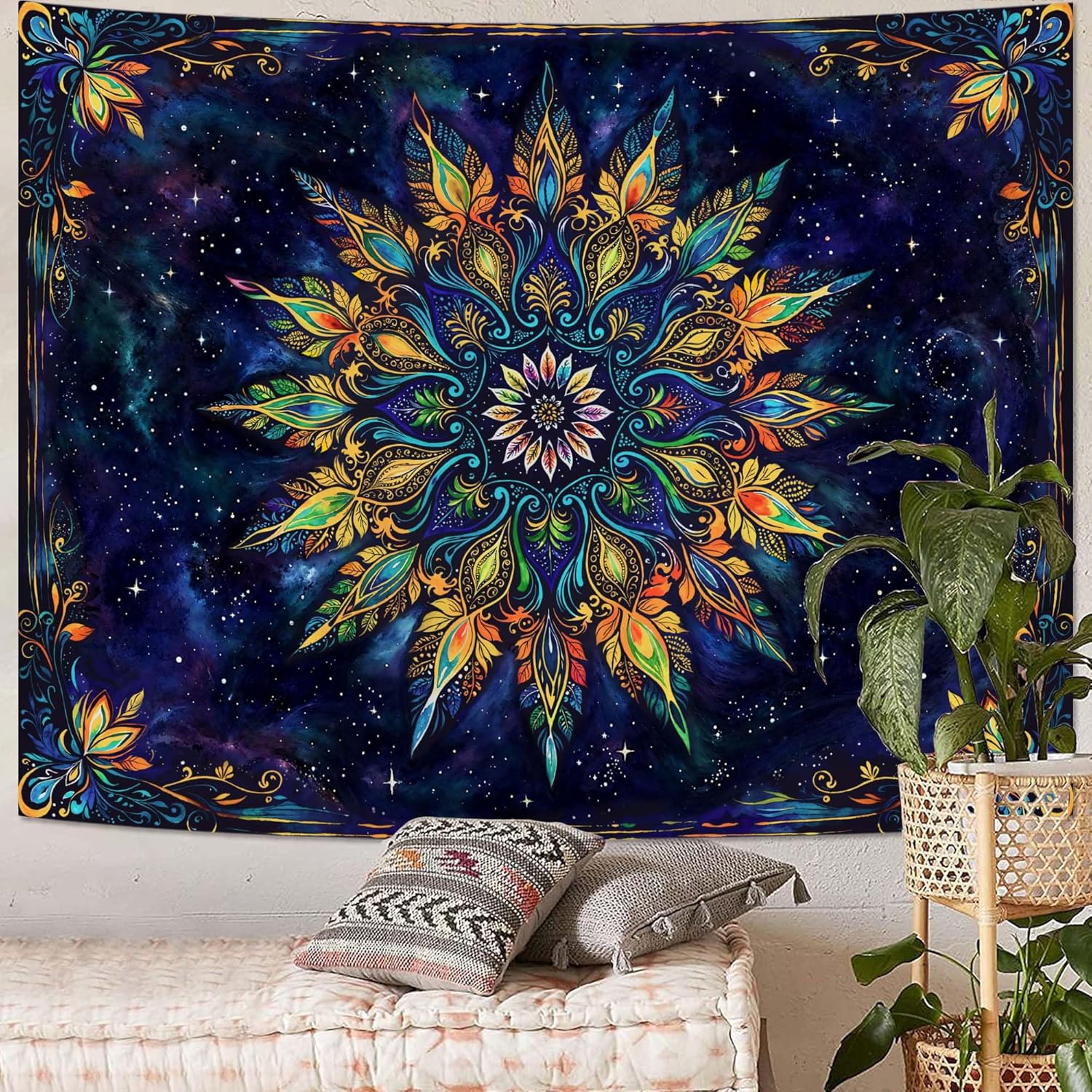 Fowocu Boho Floral Mandala Tapestry for Bedroom Aesthetic Blue Bohemian Colorful Flower Wall