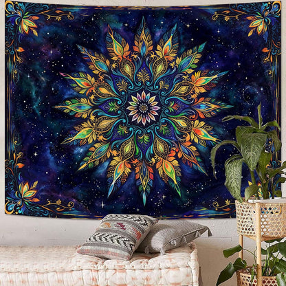 Fowocu Boho Floral Mandala Tapestry for Bedroom Aesthetic Blue Bohemian Colorful Flower Wall