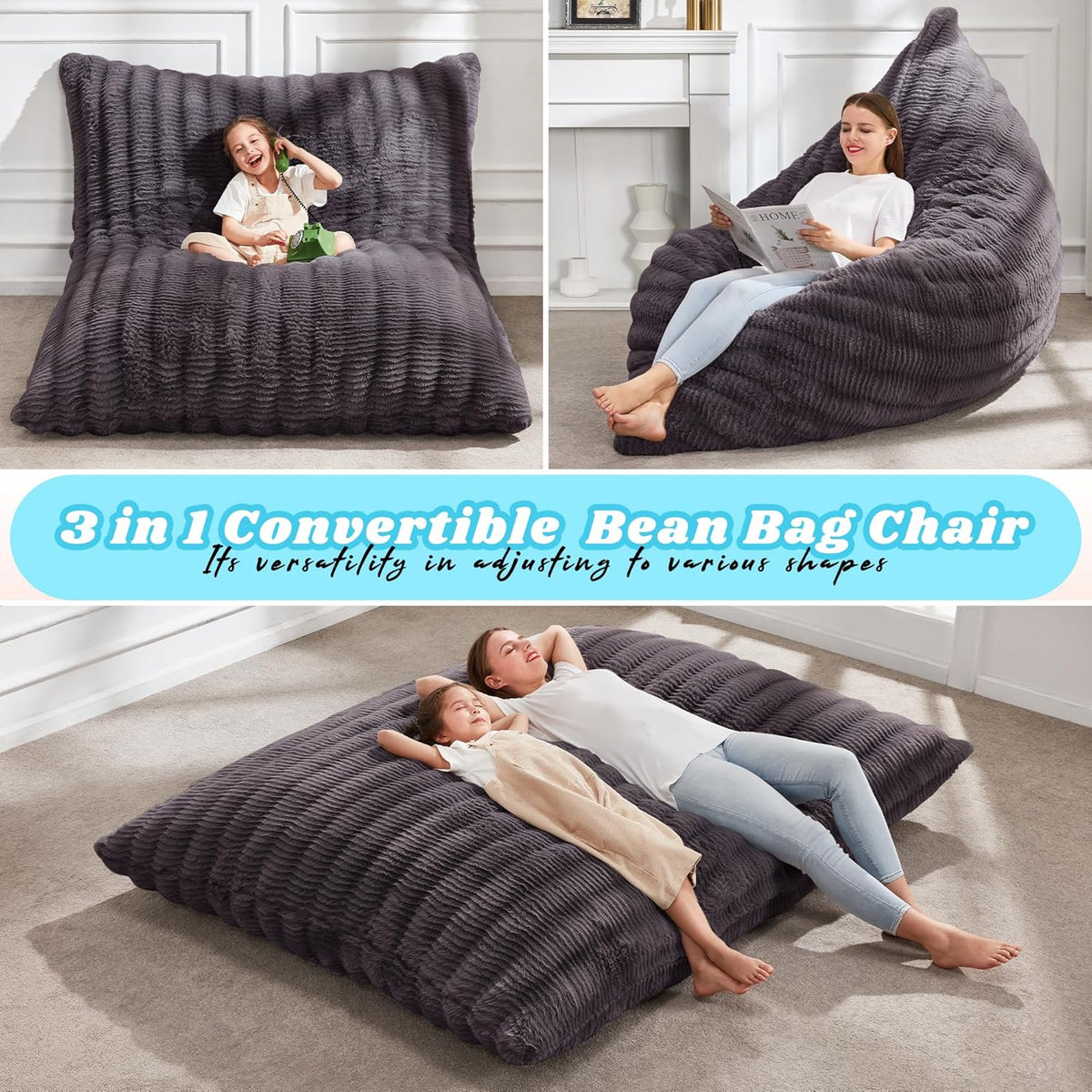 Hobestluk 3 in 1 Bean Bag Chair Giant Bean Bag Chairs for Adults with Ripple Cover Convertible Bean