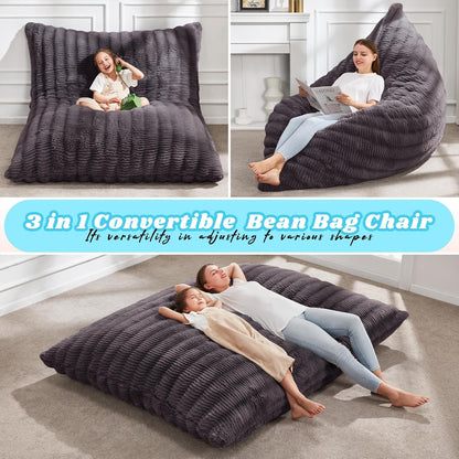 Hobestluk 3 in 1 Bean Bag Chair Giant Bean Bag Chairs for Adults with Ripple Cover Convertible Bean