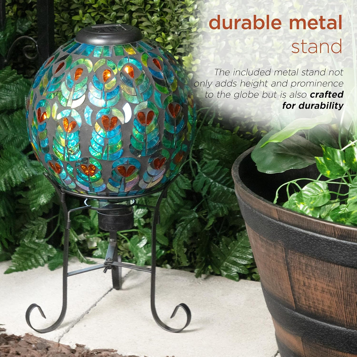 Alpine Corporation GRS926A-SLR Solar Gazing Globe w/Mosaic Peacock Feather Design & Metal Stand