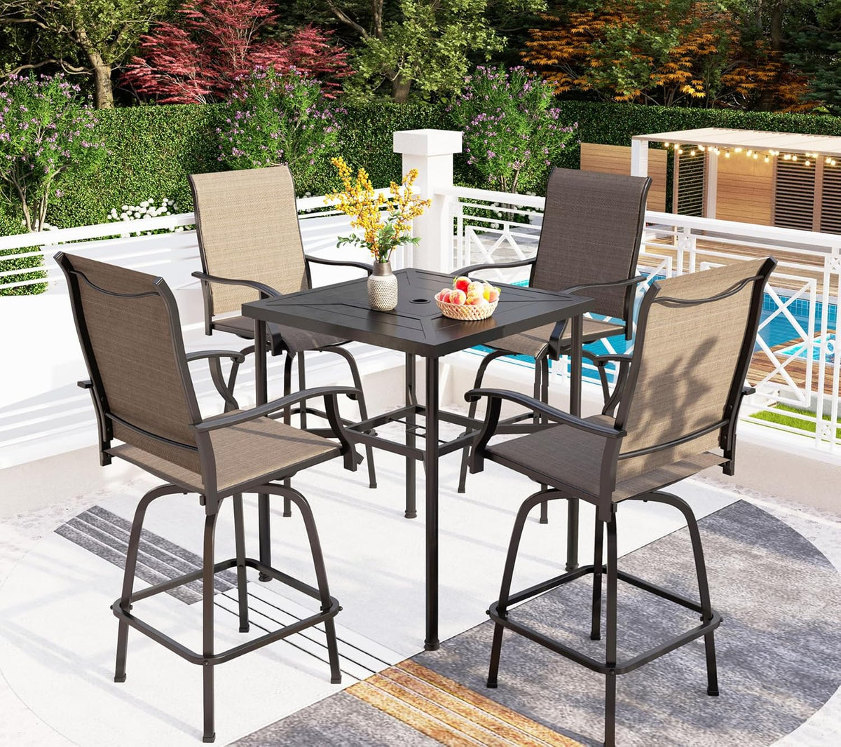 PHI VILLA Outdoor Swivel Bar Stools Set for 4, Metal Patio Bar Table and Chairs Set with Brown