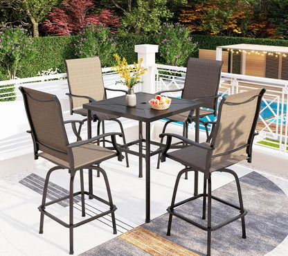 PHI VILLA Outdoor Swivel Bar Stools Set for 4, Metal Patio Bar Table and Chairs Set with Brown