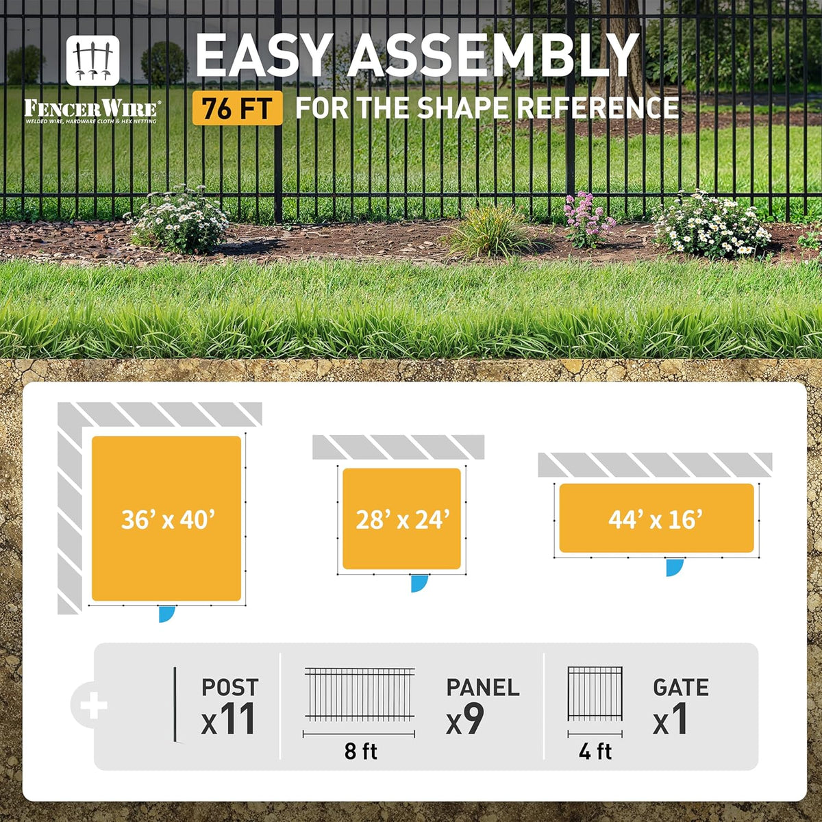 Fencer Wire 76FT Heavy Duty Flat Top Fence Barrier Kit, Anti-Rust Metal Steel Fence with 6FT Height