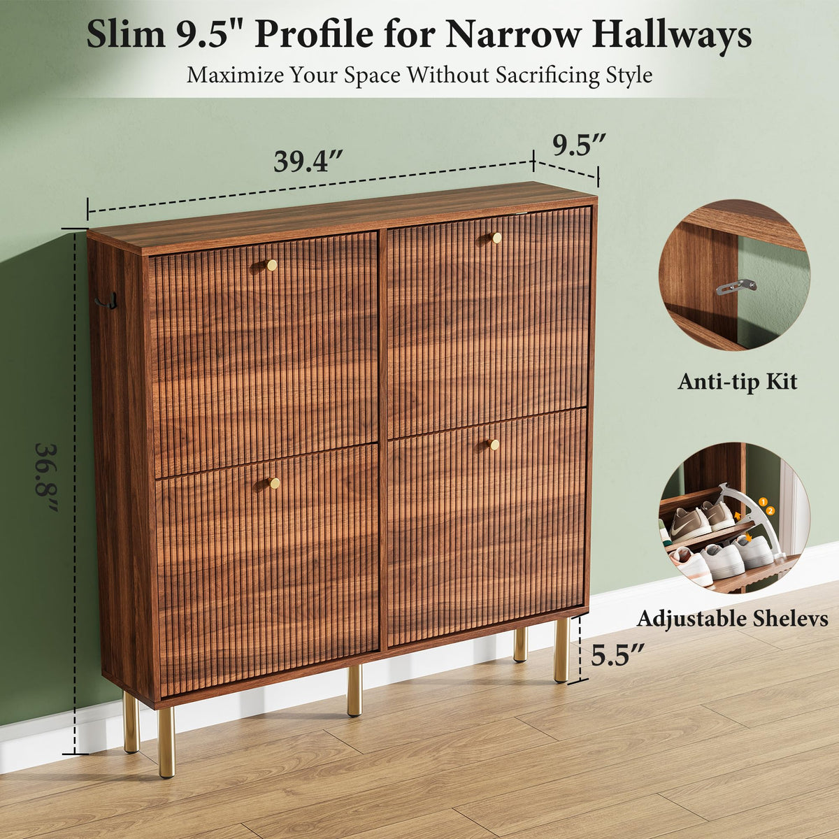 Nicetree Shoe Storage Cabinet for Entryway - 4 Flip Drawers Shoe Cabinet with Tiered Fluted Design