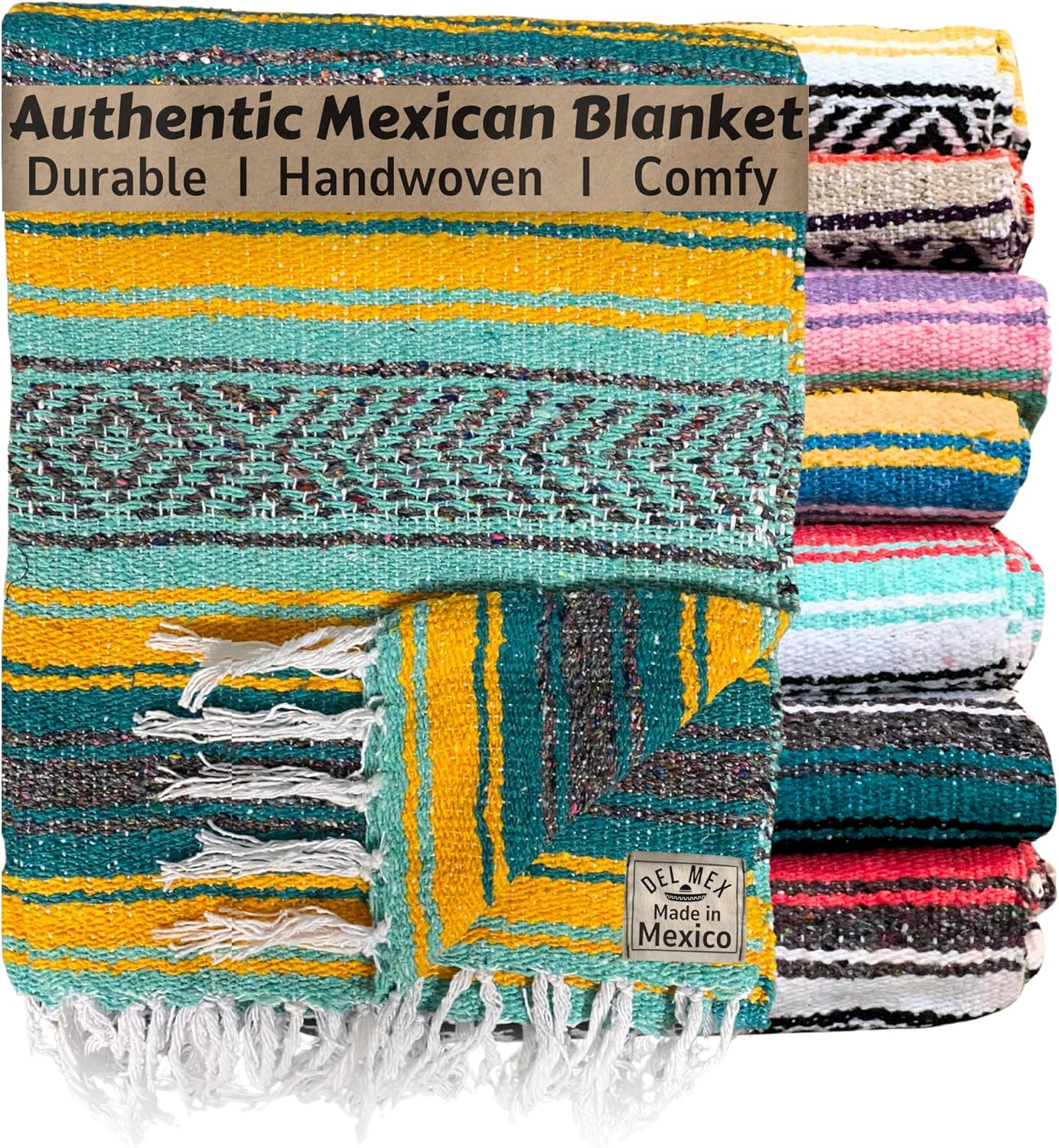 Del Mex Classic Mexican Blanket, Large Authentic Woven Falsa Throw (70"x50"), Artisan Southwest