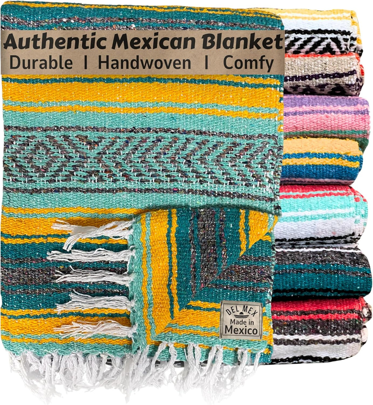Del Mex Classic Mexican Blanket, Large Authentic Woven Falsa Throw (70"x50"), Artisan Southwest