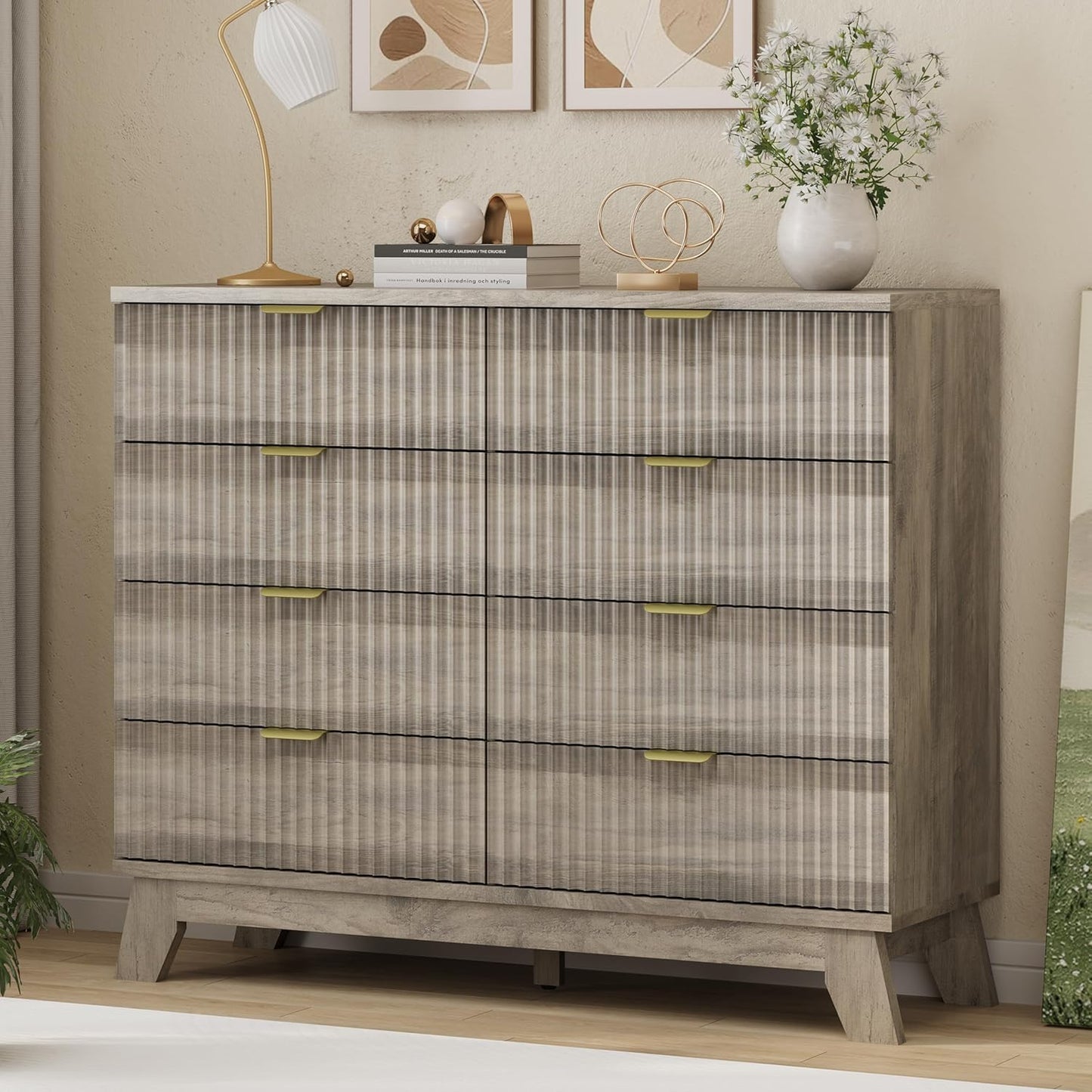 Fluted Dresser for Bedroom with 8 Drawers, 48" Wide Modern Chest of Drawers with Metal Handle