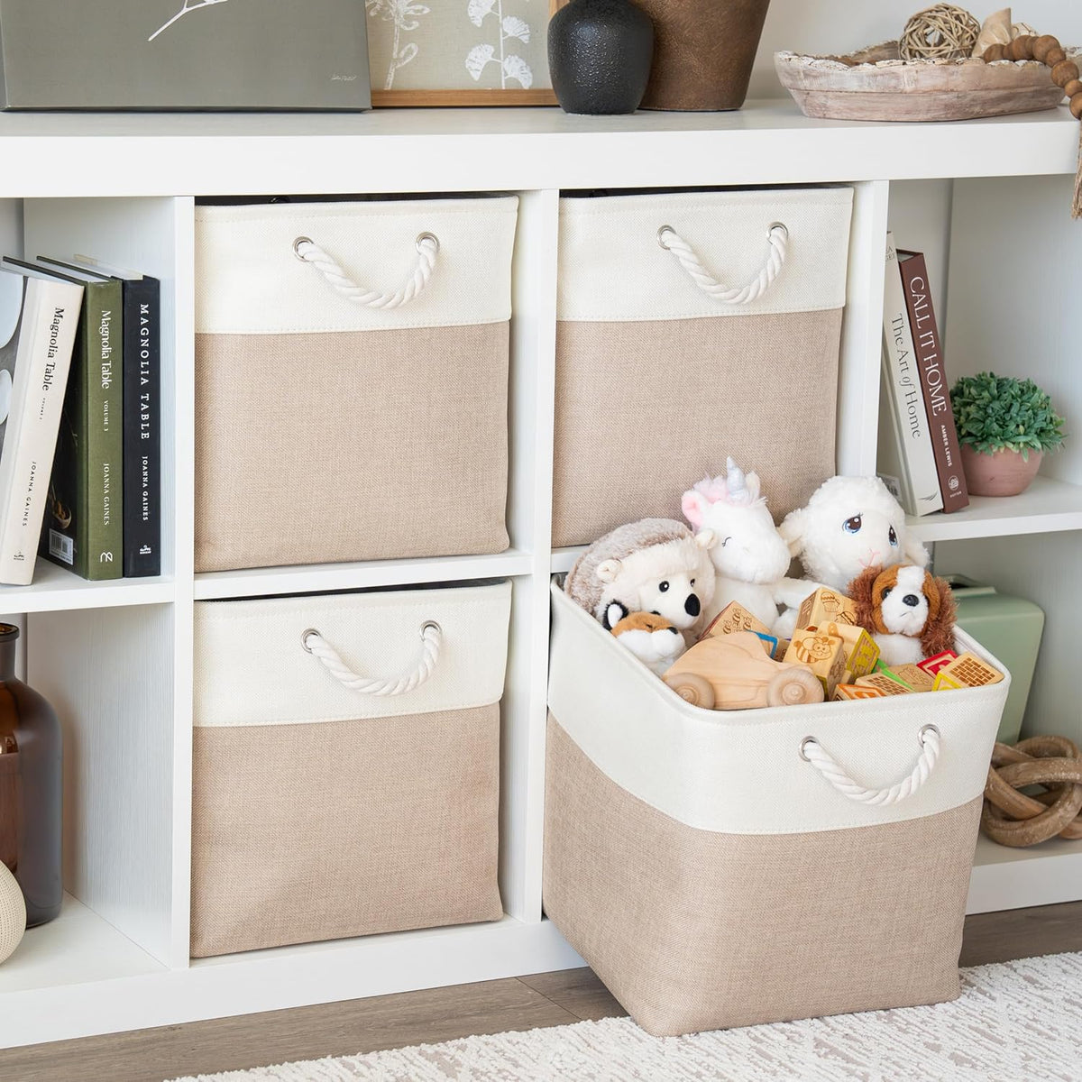 OrganiHaus 13x13 Cube Storage Bins 4 Pack, Foldable Cube Storage Organizer w/ Rope Handles