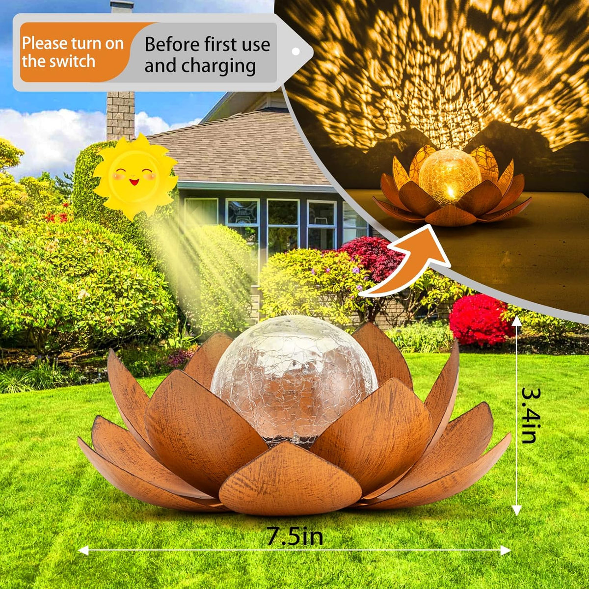 Solar Light Outdoor(2Pack), Art Crackle Globe Glass Lotus Decoration, Solar LED Waterproof Metal