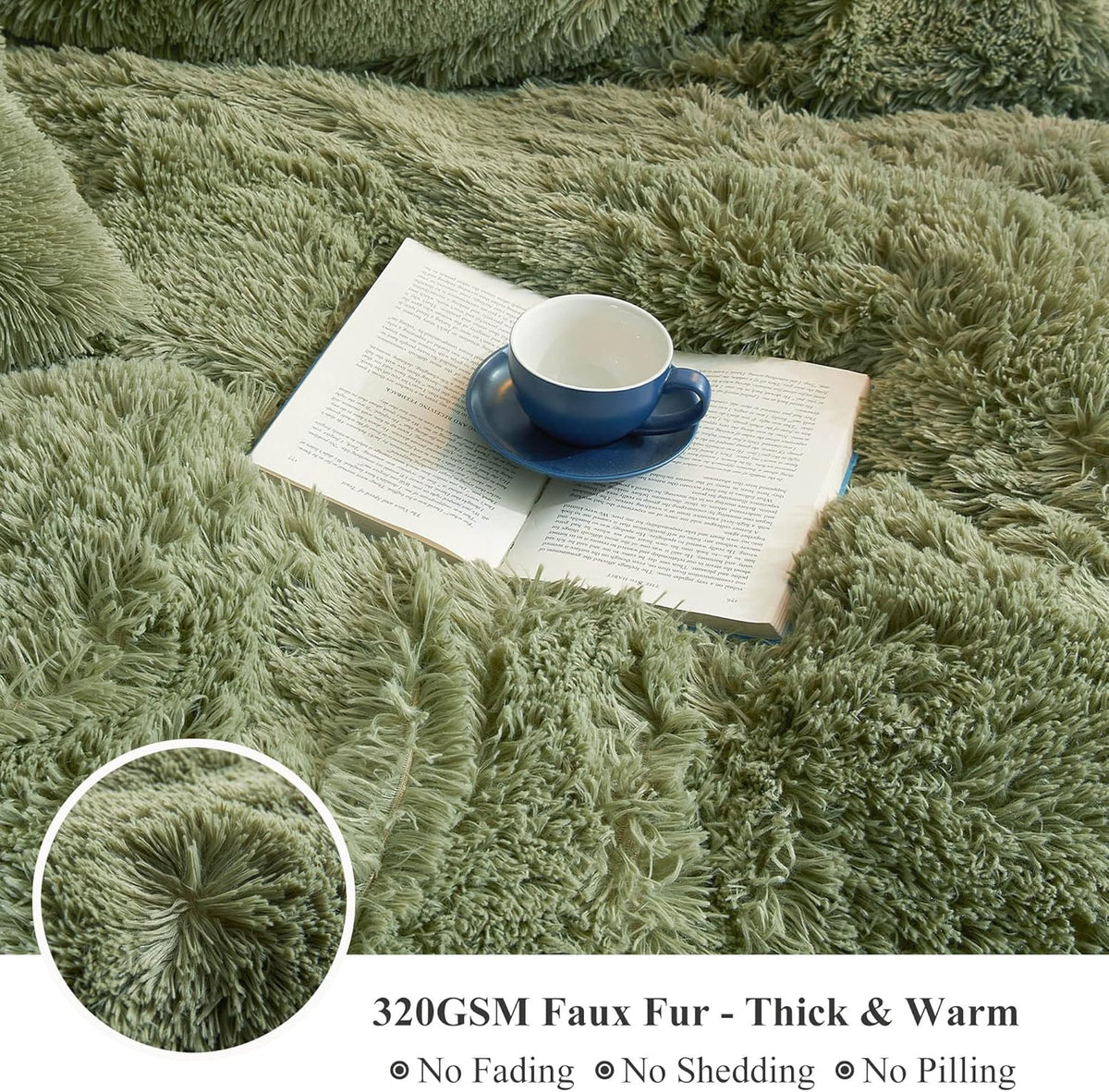 XeGe Luxury Faux Fur Blanket, Sage Green Soft Big Fluffy Throw, Shaggy Plush Decorative Couch