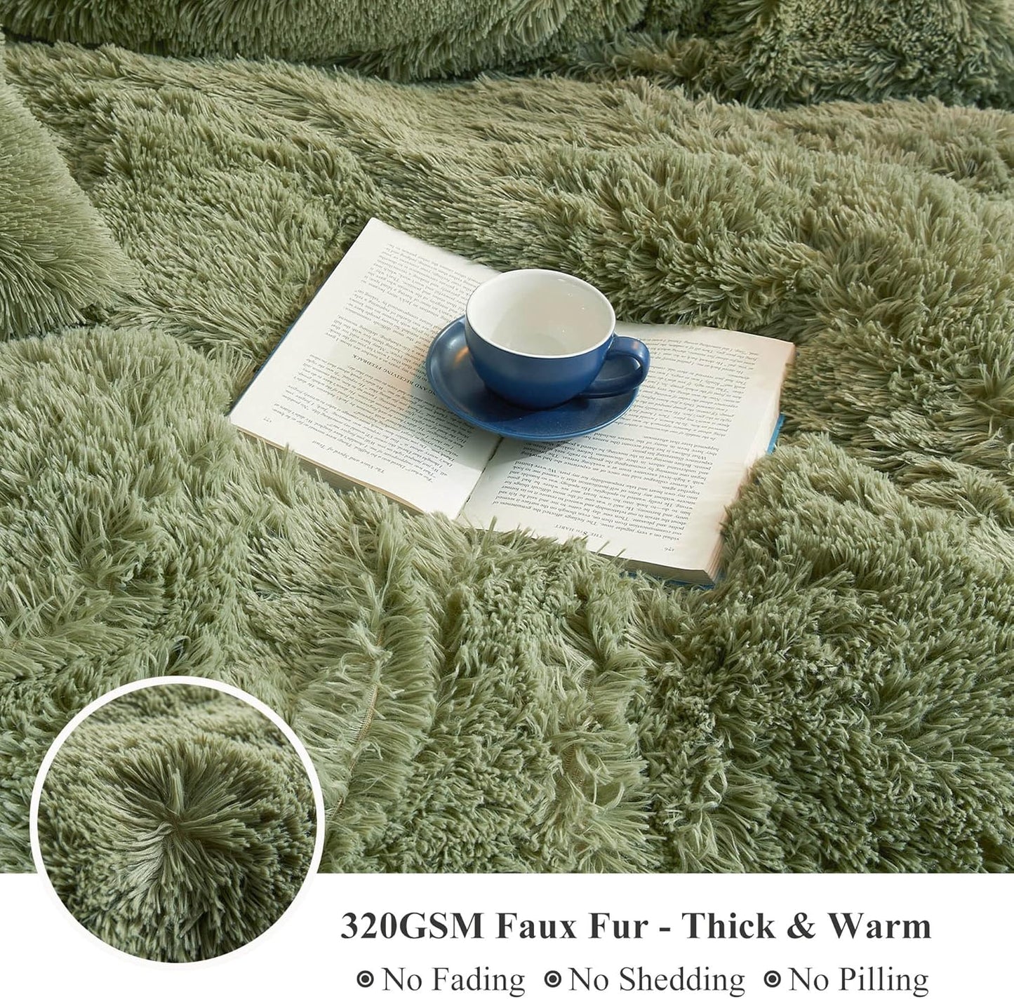 XeGe Luxury Faux Fur Throw, Moss Green Soft 50x60 Fluffy Blanket, Shaggy Plush Decorative Couch