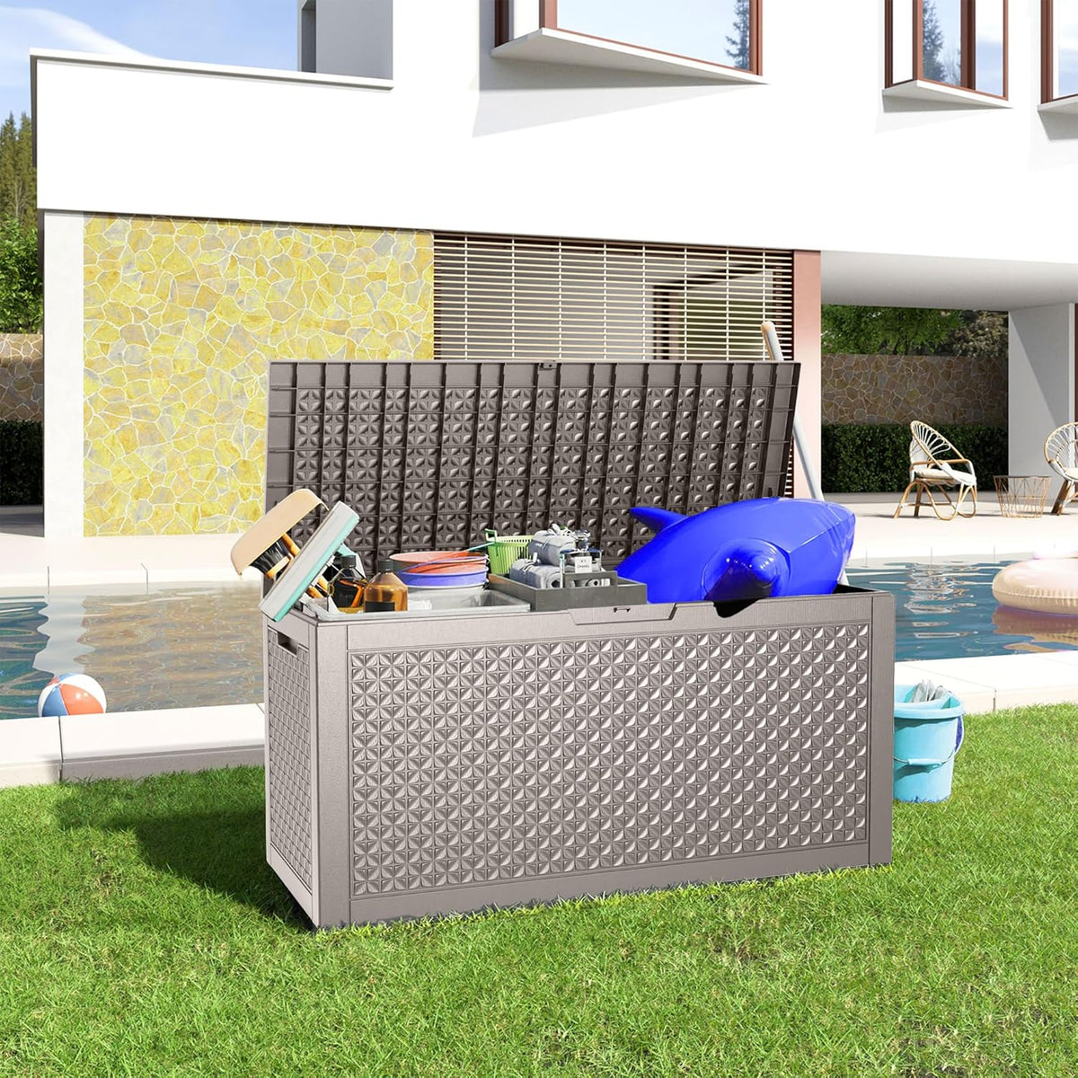 100 Gallon Resin Deck Box, Lockable Outdoor Storage Box for Patio Cushions Storage Furniture,Garden