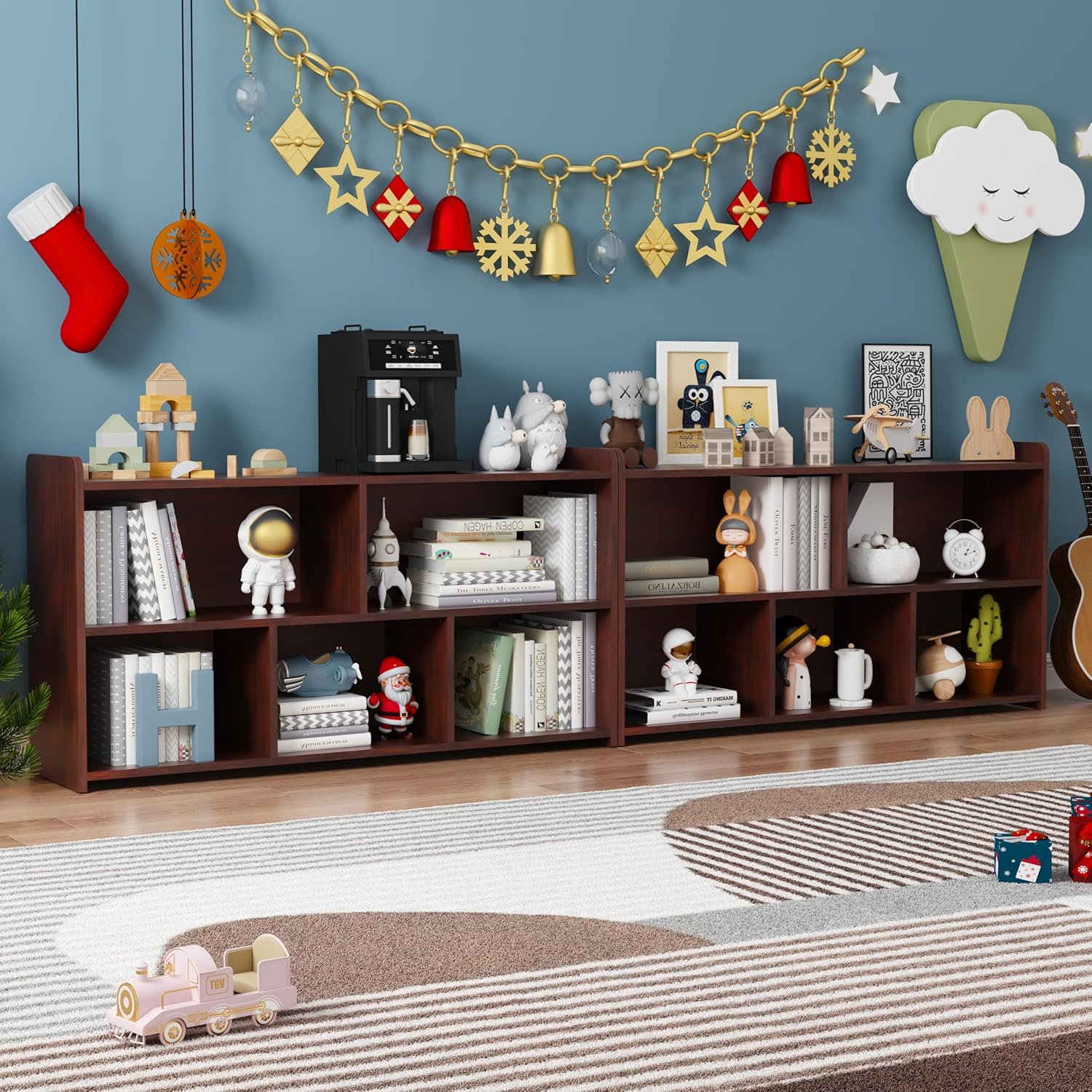 Book Shelf, 5 Cubes Storage Organizer, Open Shelf Wooden Bookcase, Freestanding Cherry Bookshelf
