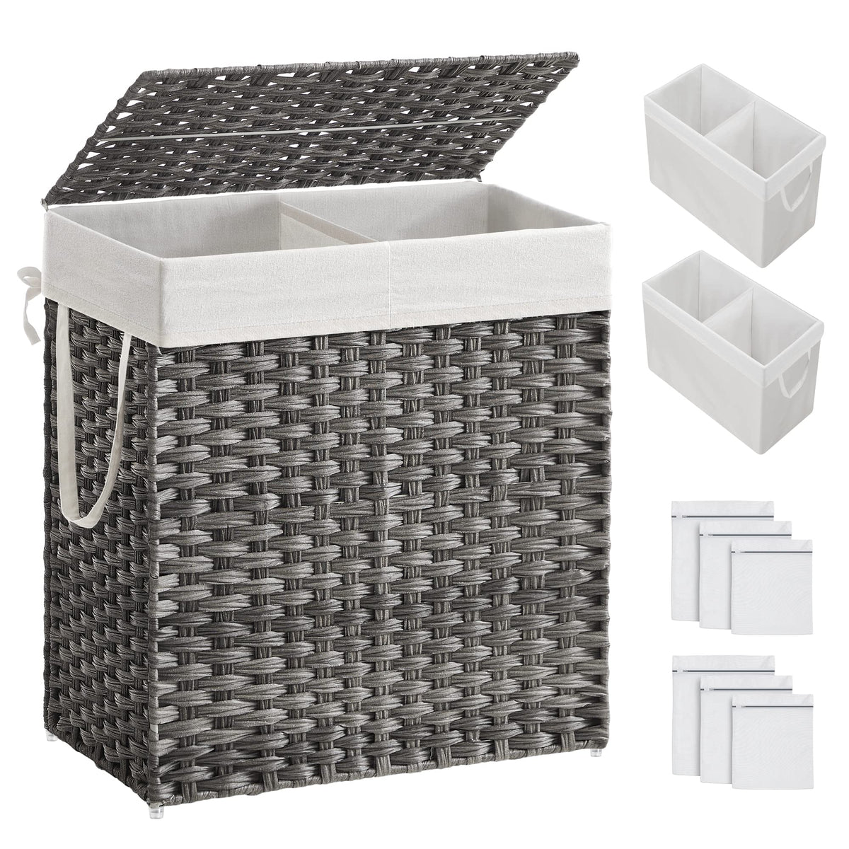 SONGMICS Laundry Hamper with Lid, 110L Double Wicker Basket, 6 Mesh Bags