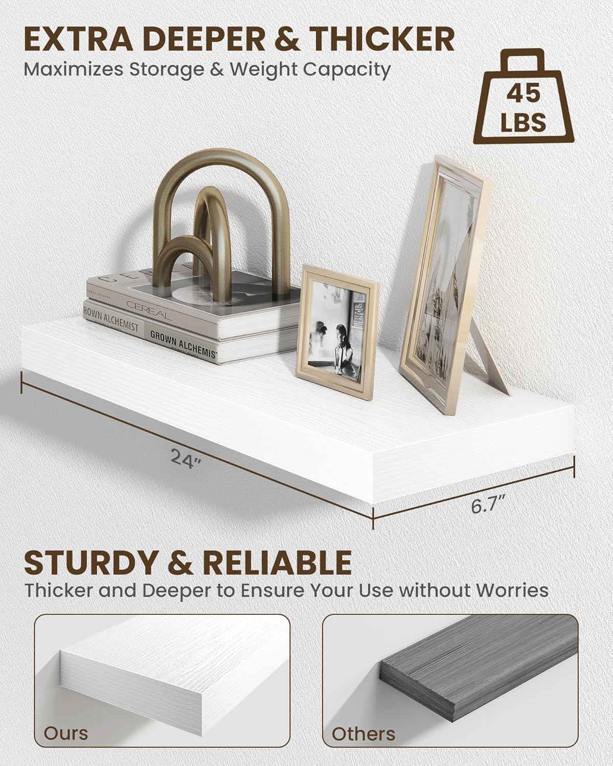 Marsmiles 24" Floating Shelves for Wall, Wooden Shelves with Invisible Brackets Set of 2, Rustic