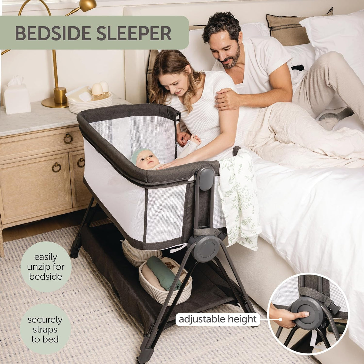 Baby Bedside Sleeper - Bassinet & Bedside Crib with Height Adjustment & Wheels - Can Be Placed Next