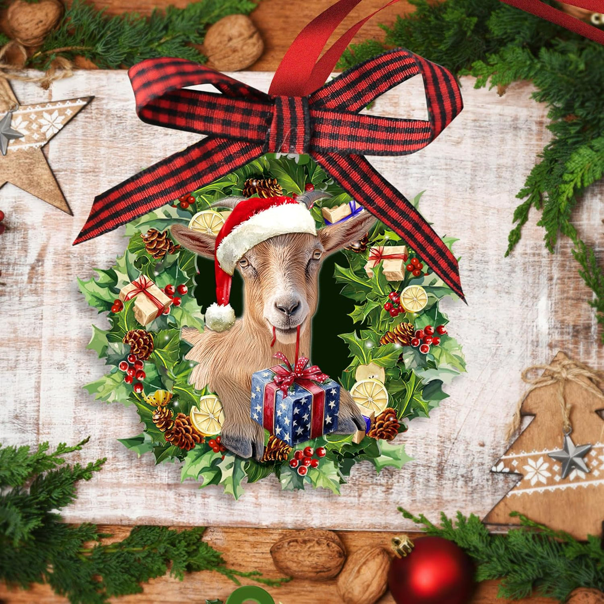 Talataca Goat Wearing A Christmas Hat Wreath Farm Animal Lover 2D Flat Christmas Tree Wood Ornament