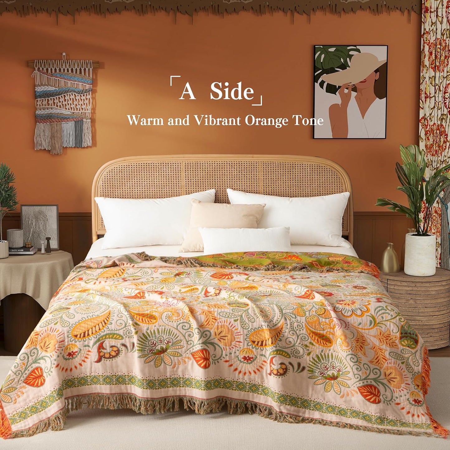 Boho Throw Blanket Queen Size, Oversized Soft Cozy Cotton Muslin Quilt Blanket for Bed Decor