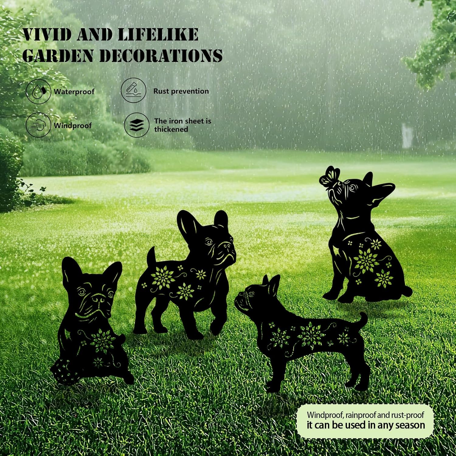 4 Pack Bulldog Metal Garden Decorative Stakes, Weather Proof Puppy Silhouette Statues for Yard