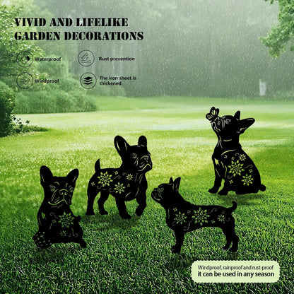 4 Pack Bulldog Metal Garden Decorative Stakes, Weather Proof Puppy Silhouette Statues for Yard