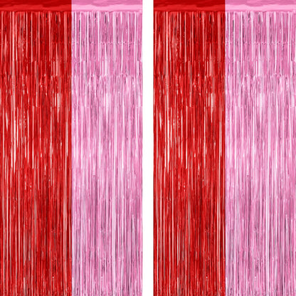 2 Pack Backdrop Curtains, 3.28 Feet x 7.05 Feet Red Pink Backdrop, Metallic Fringe Curtains Tinsel