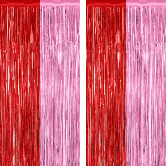 2 Pack Backdrop Curtains, 3.28 Feet x 7.05 Feet Red Pink Backdrop, Metallic Fringe Curtains Tinsel