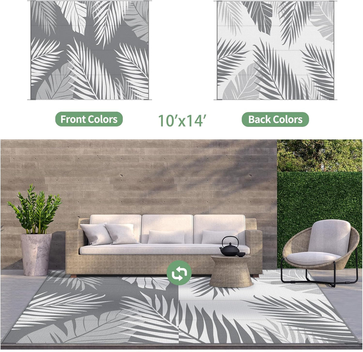 GENIMO Outdoor Rug 10' x 14' Waterproof for Patios Clearance, Reversible Outdoor Plastic Straw