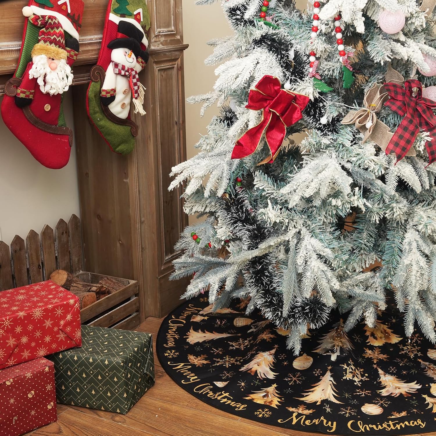 CROWNED BEAUTY Merry Christmas Tree Skirt Collar 48 Inch Xmas Trees Snowflakes Soft Farmhouse